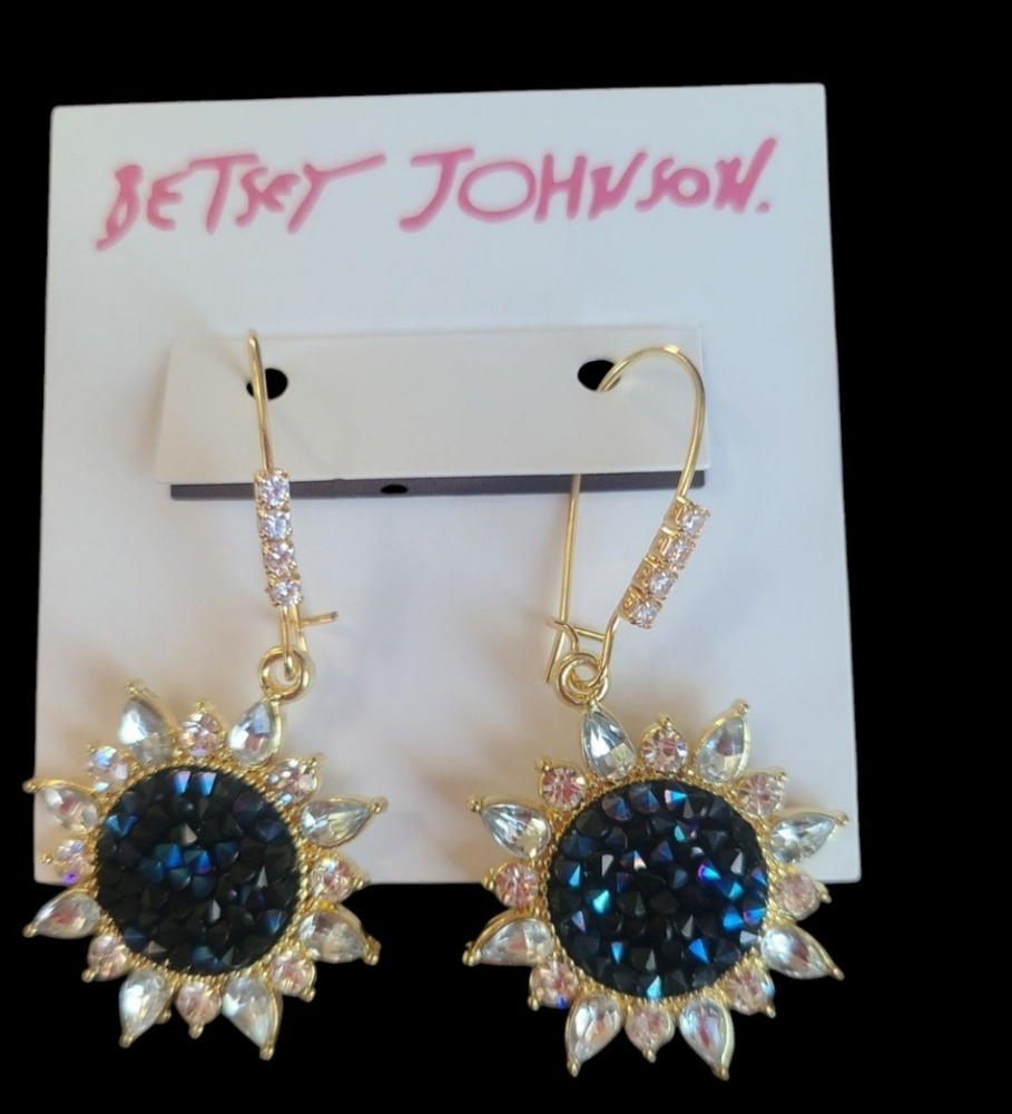 Gold and Blue Sunburst Sunflower Earrings goldtone